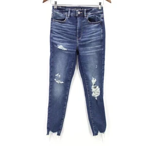 American Eagle Jeans Womens Blue Denim Medium Washed Skinny Fit Destroyer Size 2 - Picture 1 of 9
