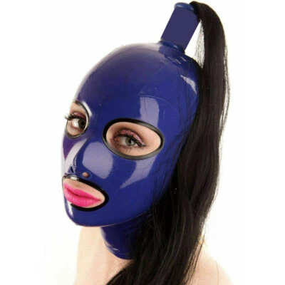 Purple Latex Hood with Black Ponytail Wig Rubber Mask with Hair Pigtail Tube - Image 1 of 2