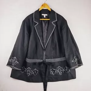 JM Collection Jacket Women 22W Beaded Tie Black 100% Linen - Picture 1 of 8