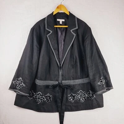 JM Collection Jacket Women 22W Beaded Tie Black 100% Linen - Image 1 of 4