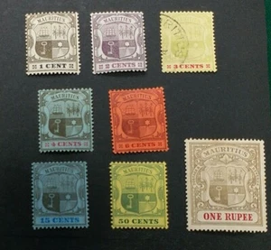 MAURITIUS 1904 1c to R1 SG 164 - 175 Sc 128 - 136 arm set 8 MH 3c is used - Picture 1 of 2