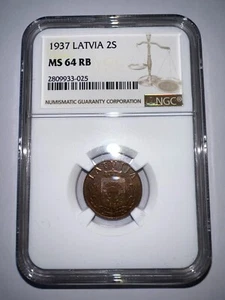 1937 Latvia 2 Santimi - NGC  MS64 RB - RARE-- - Picture 1 of 2