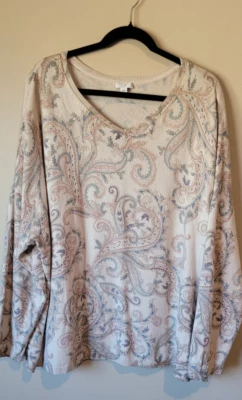 J Jill Size 4X Beige Paisley Cotton Blend Long Sleeve Light Pullover Sweater - Image 1 of 4
