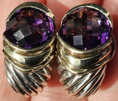 PENDIENTES RENACENTISTAS DAVID YURMAN ORO 14K Y PLATA AMATISTA ESCULPIDOS CABLE Foto 1 de 4