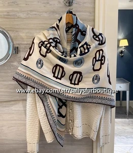 Sallys 70% Cashmere 30% Silk Wrap Scarf Buckles Print Double Face Shawl 53" Blue - Picture 1 of 11