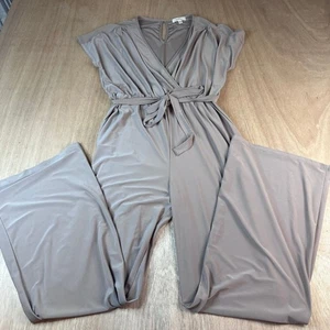 Gilli Taupe Jumpsuit M Wide Leg Belted Surplice V-Neck Stretchy Lounge Chic - Picture 1 of 4