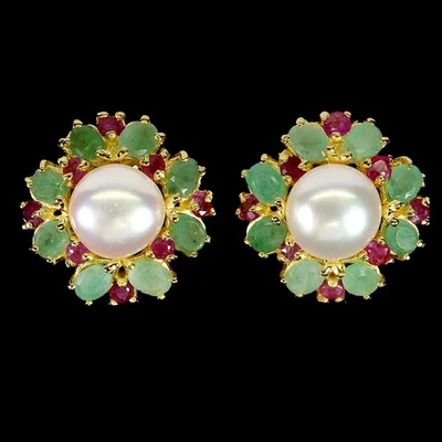 925 Sterling Silver Earrings Pear Emerald 4x3mm Ruby Pearl Gemstone Jewelry - Image 1 of 4