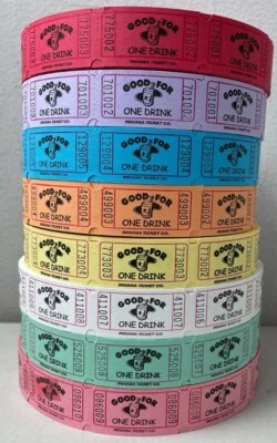 INDIANA TICKET COMPANY Good For One Drink Roll Of 1000 Tickets 8 Colors Raffle Carnival Fun Fair New