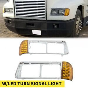 For 1988-2012 Freightliner FLD120 Headlight Bezel Pair W/LED Turn Signal Light