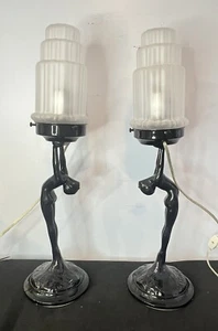 Pair Vintage Art Deco 1980’s Sarsaparilla Lamps Wedding Cake Shades Nude Black - Picture 1 of 17