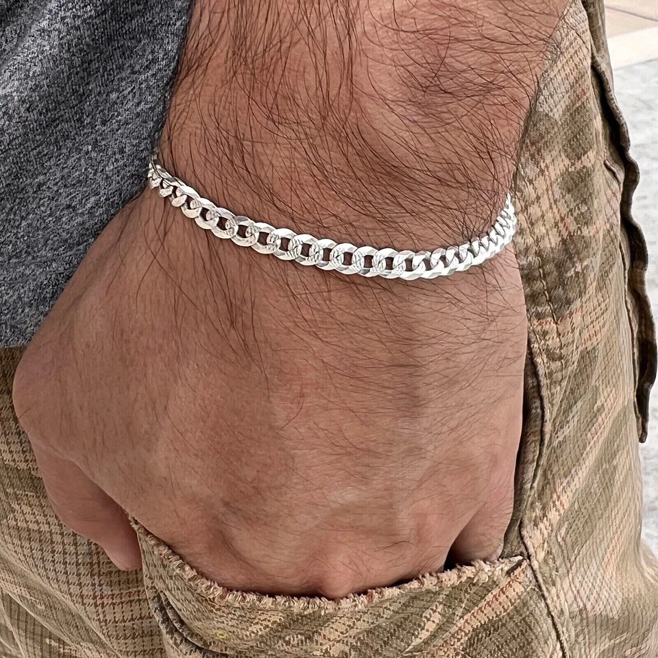 Настоящий браслет из стерлингового серебра 925 пробы с бриллиантовой огранкой кубинское обочинное звено 8 дюймов x 5 мм - Изображение 1 из 4