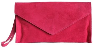 ITALIAN bright fuchsia PINK REAL GENUINE SUEDE LEATHER ENVELOPE CLUTCH BAG - Picture 1 of 2