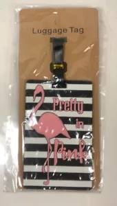 "Pretty in Pink Flamingo" Black/Pink Luggage Tags / ID Holders with Strap New T3 - Picture 1 of 3