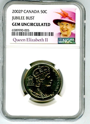 2002 P CANADA 50 CENT HALF DOLLAR JUBILEE BUST NGC GEM UNC QUEEN ELIZABETH - Image 1 of 2