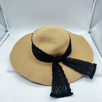 Straw Wide Brim Derby Hat Bonnet Black Lace Bow Trim - Image 1 of 4