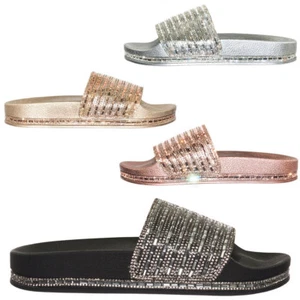 New Womens Rhinestone Crystal Open Toe Slide Flat Sandal Shoe Flip Flops Slipper - Picture 1 of 15