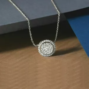 1Ct Round Cut Diamond Cluster Halo Pendant 18" Free Chain 14K White Gold Finish - Picture 1 of 3