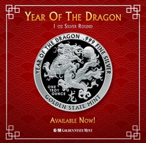 2024 Year of the DRAGON 1 oz .999 FINE SILVER BU ROUND GSM in CAPSULE - Picture 1 of 3