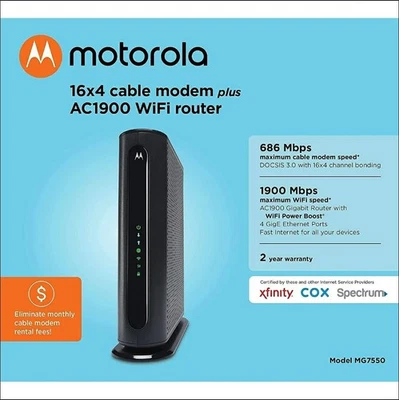 Motorola Model MG7550 16x4 Cable Modem Plus AC1900 High Speed WiFi Router - Image 1 of 4