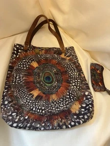 Lucky Brand Canvas & Leather Peacock Tote Bag And Coin Purse Set - Picture 1 of 11
