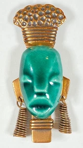 Elzac Vinage Ceramic & Copper Tribal Head / Face Brooch - Picture 1 of 11