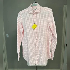 Gianetto pink white plaid textured button down shirt size 15.75” made in Italy - Picture 1 of 10
