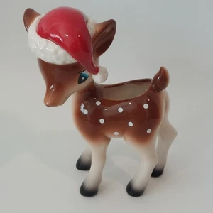 Renna Natalizia Retrò Fioriera Cervo Vaso Babbo Natale Cappello Ceramica 7" Stile Vintage - Foto 1 di 11