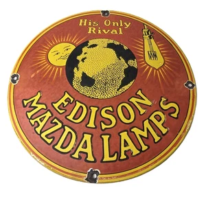 Vintage Edison Mazda Lampen Schild - Glühbirne Lampen Porzellan Zapfsäule Schild - Bild 1 von 14