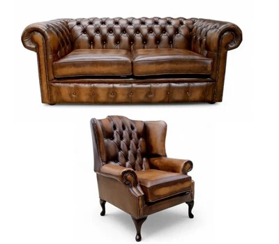 Chesterfield Sofa Suite Premium Tan Italian Leather 2 Seater/High Back Chair