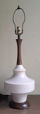 vntg MID CENURY danish modern WALNUT & POTTERY  table lamp 1960s - Image 1 of 4