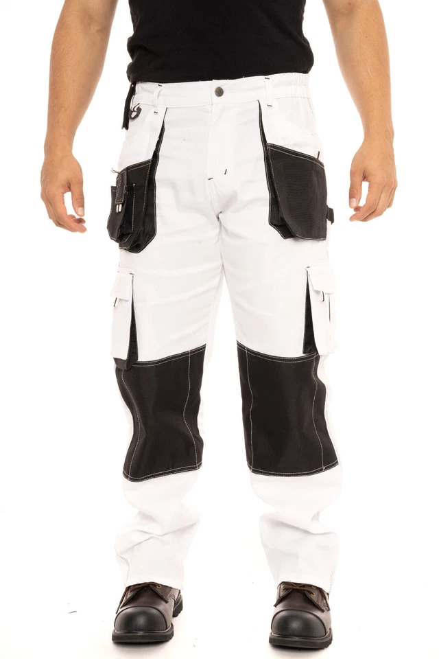 Pantalones blancos para hombre construcción pintores pantalones utilitarios rodilleras bolsillos Foto 1 de 2