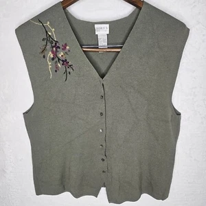 Vest Petite Lg Sage Green Vtg Floral Embroidered V Neck Button Up Grandma Core  - Picture 1 of 15