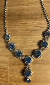 Prom Rhinestones White Baby Blue Silver Tone Drop Necklace Adjustable - Picture 1 of 23