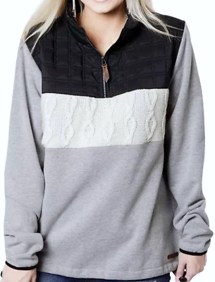 NEW BKE BLACK CREAM CABLE KNIT GRAY QUARTER ZIP PIECED PULLOVER SZ XS VWF19004B - Image 1 of 3