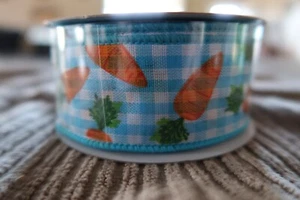 10 yards Wired Edge Ribbon 1.5" wide Gingham check with Carrots - Picture 1 of 3