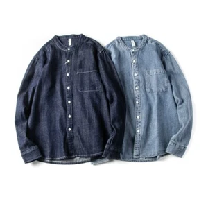 Men's Retro Japanese Streetwear Workwear Denim Collarless L/S Button Up Shirt - Picture 1 of 29
