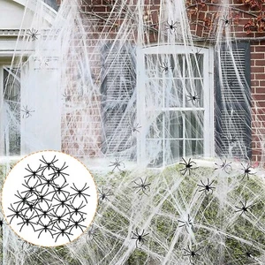 100g Spinnennetz Baumwolle mit 20 falschen Spinnen Stretch Spinnennetz Halloween Deko - Bild 1 von 17
