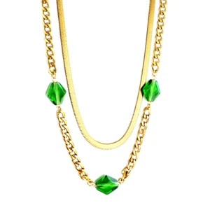 18 Gold Plated Double Layer Green Zircon Herringbone Necklace Pendant - Picture 1 of 5