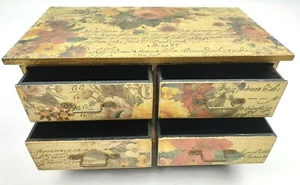 French Script Jewelry Box Crest of 4 Drawers Flowers Mums Daisies Gold Trim EUC - Imagen 1 de 6