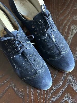 Oxford Darling años 30 perforado azul gamuza damas con cordones punta de ala vintage 6B Foto 1 de 4