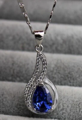 Nuevo Collar Colgante Remolino Oro Blanco 18K Lleno Lágrima Azul y Acento Circonita Transparente Foto 1 de 3