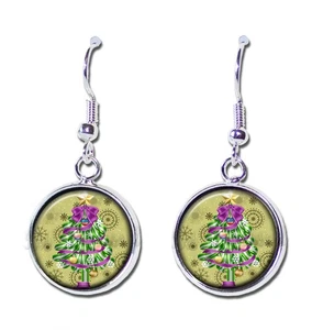 Christmas Tree Green and Purple - Handmade Round Resin Dangling Earrings 16mm - Picture 1 of 6