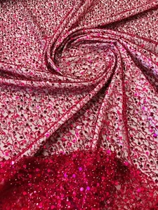 Bead Mesh Shiny Fabric - Burgundy Wedding Fabric Embroidered Beaded By Yard  - Picture 1 of 5