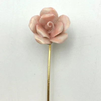 Vintage Porcelain Pink Glazed Sculpted Rose Flower Stick Pin Brooch Figural 2" - Image 1 of 4