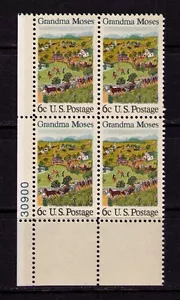 US USA Sc# 1370 MNH FVF Plate # Block Grandma Moses Art Painting Horse Field - Picture 1 of 1