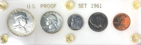 1961 Silver Proof Set of 5 Coins in Lucite White Plastic Holder Cover