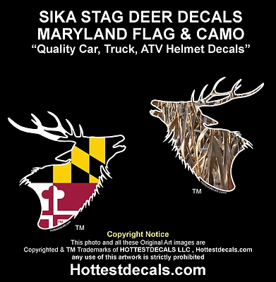 MARYLANDDECALS.COM SIKA DEER DECAL Maryland Flag Sticker REED CAMO MARSH WEED Vinyl Car Truck Boat