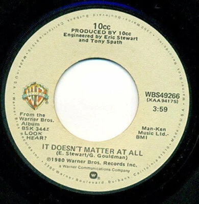 10cc – It Doesn't Matter At All - 1980 - Warner Bros. WBS49266 7" Single VG+ - Image 1 of 2