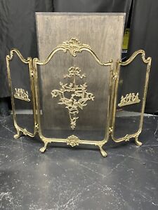 French Provincial Victorian Fireplace Screen Claw Foot Tri Fold Birds Vintage