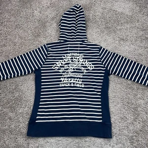 Lucky Brand Sweater Womens Large Blue White Striped Hoodie Track Field Varsity - Picture 1 of 11